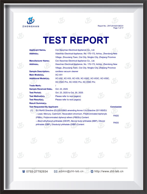 ZHT-251023136C01_cordless vacuum cleaner_XC-V01_ROHS Report